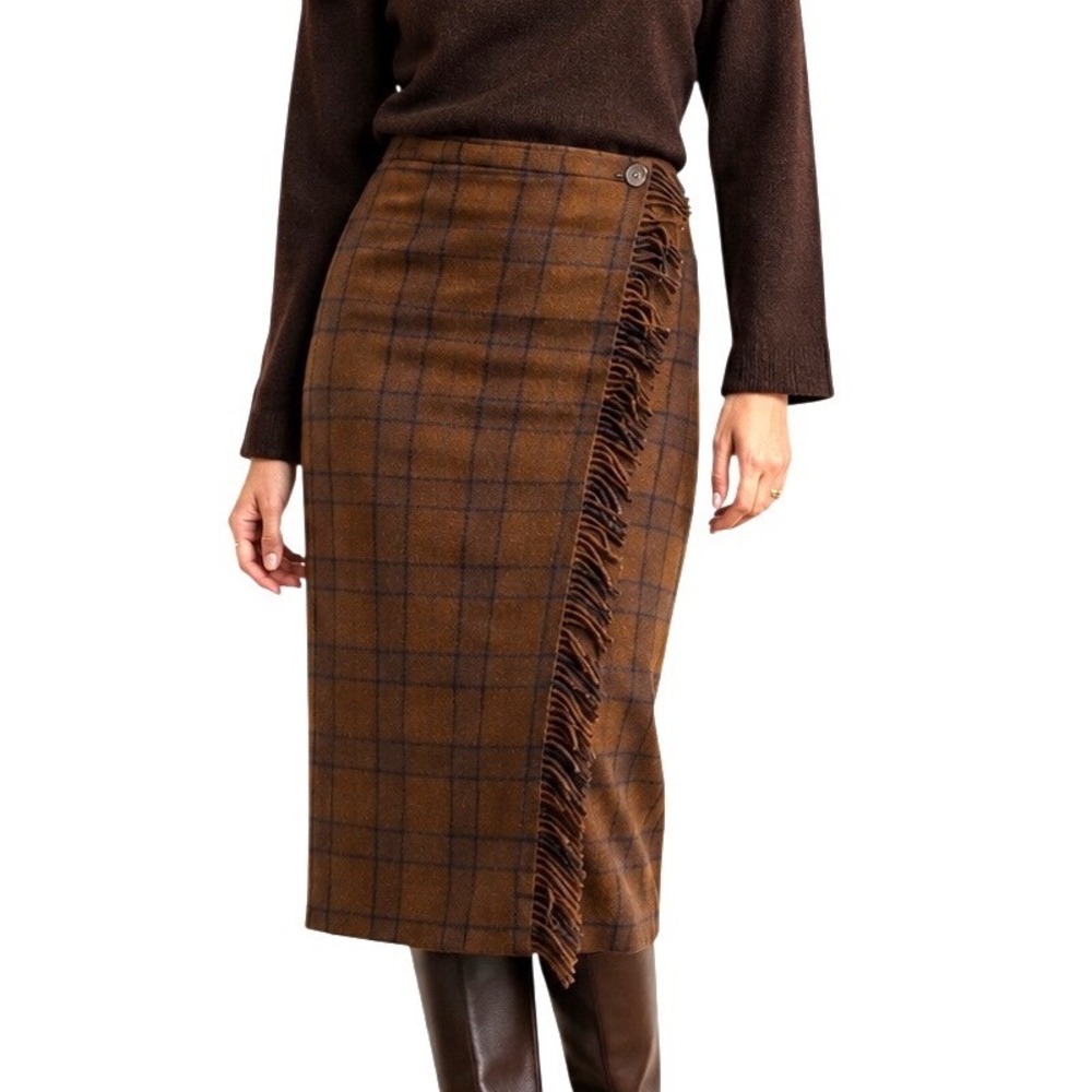 Vintage Dana Buchman 100% Wool Brown Plaid Blanket Fringe Maxi Skirt Size 14
